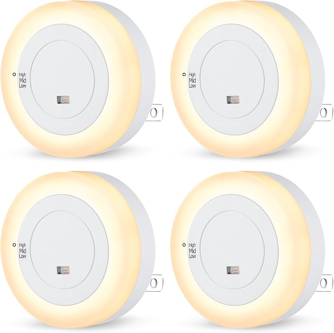 FOLKSMATE LED Night Lights Plug in, Dimmable Nightlight Plug Into Wall with Light Sensor, Soft White Adjustable for Adults, Bedroom, Bathroom, 4-Pack