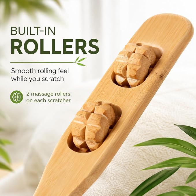 2-Pack Bamboo Back Scratcher by Dependable Industries – Long Reach, Massage Rollers, Self-Massage & Itch Relief, Eco-Friendly