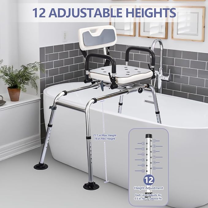 Shower Chair, for Elderly Disabled - Adjustable Height Shower Stool, with Padded Armrests/Backrest, Anti-Slip Feet, with Drainage Holes, Shower Chair for Inside Shower (White)