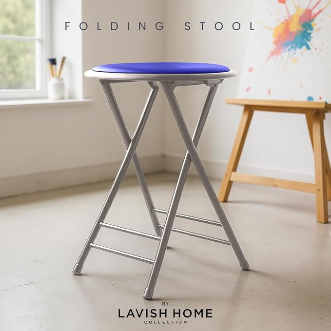 Lavish Home Folding Stool with Padded Backless Seat, Blue, 24 Inch | Counter Height Bar Stools with 225lb Capacity, Portable Indoor & Outdoor, Extra Seat for Kitchen, Rec Room or Camping