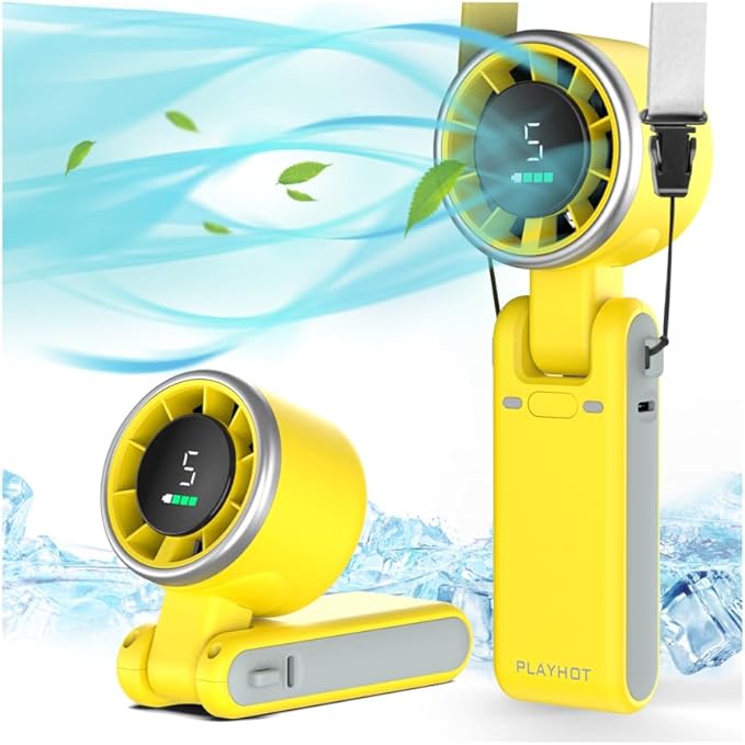 PlayHot Portable Handheld Turbo Fan, Travel Essentials, Gifts for Women/Men | 5-Speed, Up to 12H, 10m/s Airflow, USB-C Rechargeable, LED Display, 3-in-1 Foldable Personal Fan for Cruise, Beach, Vacation