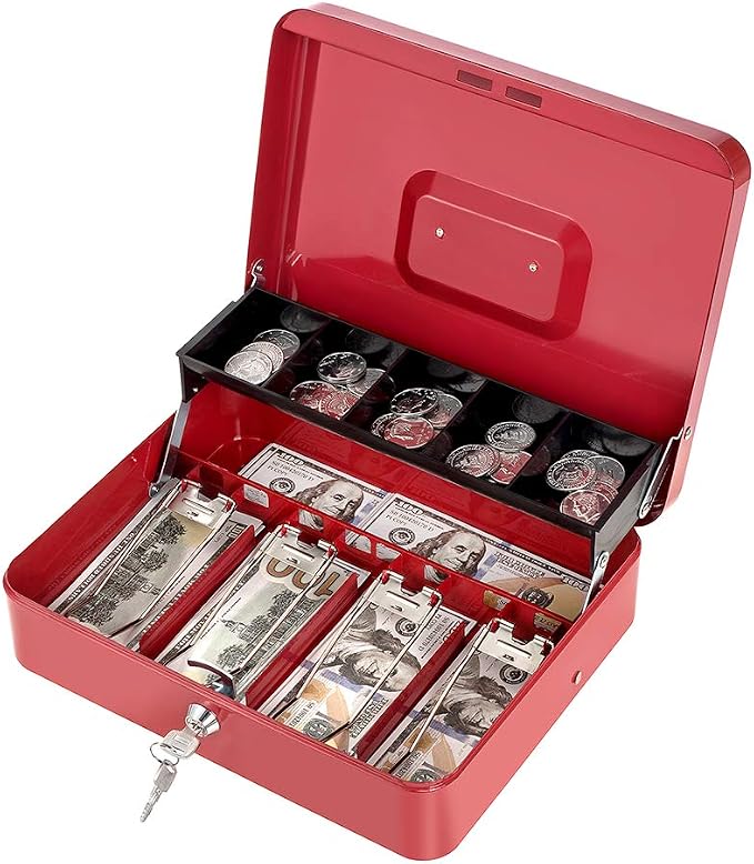 Cash Box with Money Tray and Key Lock Large Metal Money Safe Box with Cantilever Coin Tray, Lock Box for Money 11.8" x 9.4" x 3.54" Red