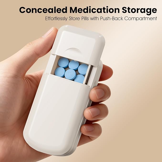 Pill Cutter 1/2 1/3 1/4, Precision Pill Splitter for Small & Large Pills, Adjustable Centering Slot, Dual Safety Blades, 3-in-1 Tablet Cutter, Portable & Easy to Use