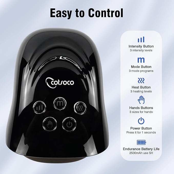 cotsoco Upgraded Hand Massager - 3Massage Sizes, Cordless Hand Massager with Heat & Compression for Arthritis and Carpal Tunnel, Gift for Men Women Family Friends, Relaxation at Home, Office, Black
