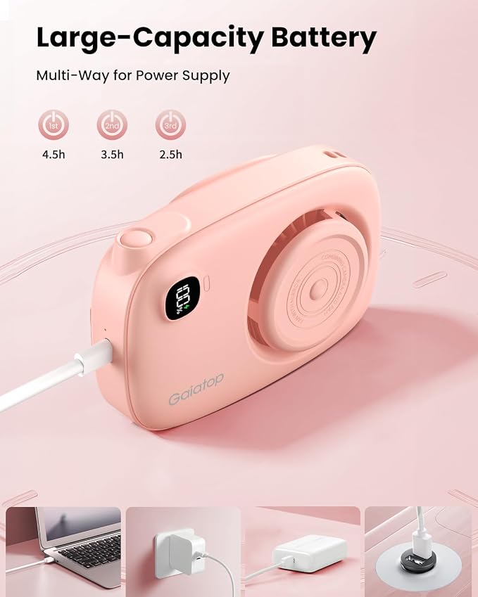 Gaiatop Mini Neck Fan, LED Makeup Mirror, Power Display Portable Fan Pink | 3 Speeds, 360° Rotate Mirror for Handheld Desk Use, Rechargeable Small USB Fan, Personal Cooling Travel Essentials Women Gift