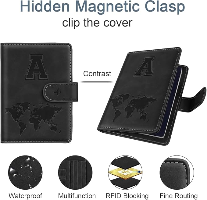 Passport Holder for Travel Essentials Personalized Initial Wallets | Embossed Letter A-Z Design, RFID Blocking, Passport Cover, Passport Book Holders, Men Women, Personalized Gifts, Black-A