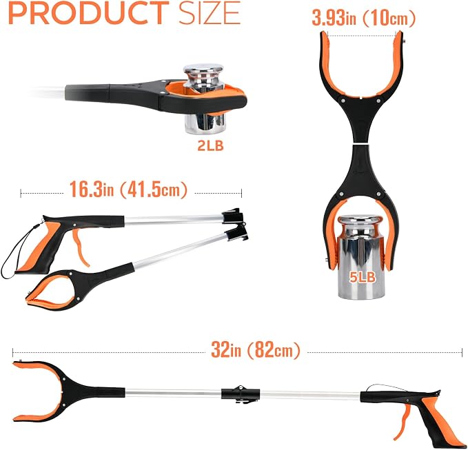 2-Pack Grabber Reacher Tool,32 Inch Extra Long Foldable Pick Up Stick with Buckle and Rope and with Strong Grip Magnetic,360°Rotating Anti-Slip Jaw,Grabber Tool for Outdoor & Indoor (Blue&Orange)