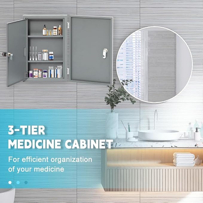 Yeeoy Locking Medicine Cabinet, Wall Mount Narcotics Cabinet with Lock & Double Door, Secure Steel Drug Cabinet Medicine Lock Box for Home School use, Grey