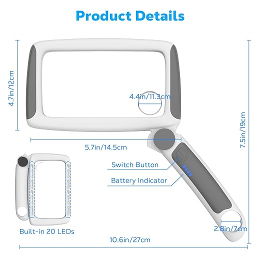 MoKo Magnifying Glass with Light, 5X/20X/45X Full-Page Magnifier | Rechargeable magnifying glass for reading has 20 LEDs, 3 light levels and a foldable handle; grey finish.