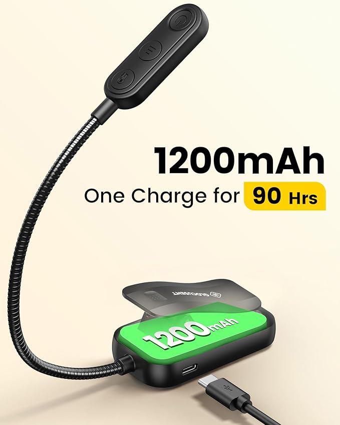 Glocusent 20 LED Reading Lights for Books in Bed, Eye Caring Reading Light, 5 Colors & 5 Brightness 3–100LM Dimmable, 1200mAh Rechargeable Book Light to 90H, Lightweight Clip on Light for Book Lovers