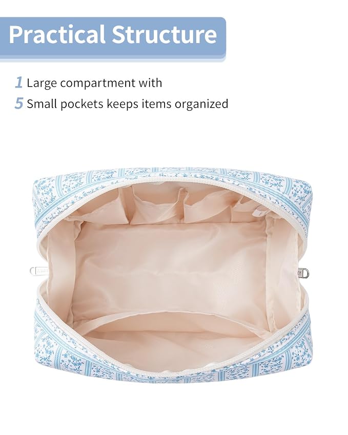 Narwey Cute Floral Makeup Bag Travel Cosmetic Bag Organizer Toiletry Bag Make Up Bags with Compartments for Women Girls (Blue Flower Buds, Large)