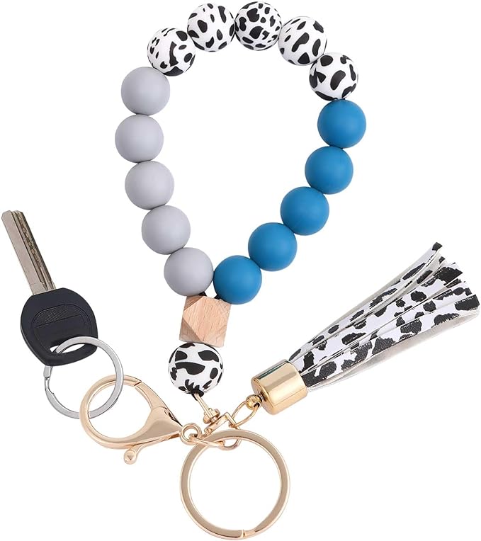 BAOSIWA Silicone Key Ring Bracelet Wristlet Keychain Unique Beaded Bangle Key Chains for Women with Leather Tassel