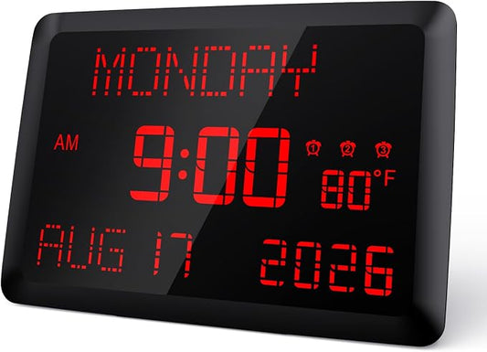 Raynic Digital Clock, 11.5" Large Display Digital Calendar Clock with Day and Date, Indoor Temperature, Adjustable Brightness, Snooze,12/24H, DST for Home, Office, Elderly