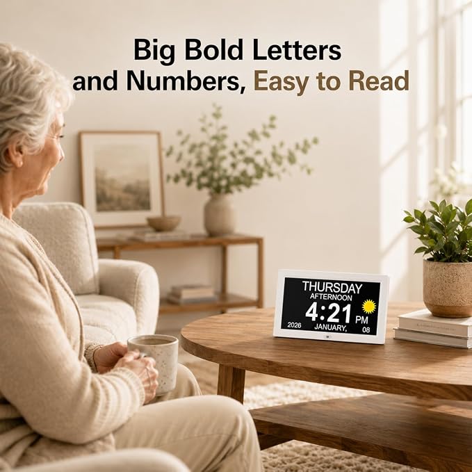 JALL 7" Digital Calendar Day Clock for Seniors 2026, Non-Abbreviated with Day & Date, Easy-to-Read Alzheimer's Dementia Clock for Elderly, Auto-Dimming, 8 Custom Alarms, Auto DST, White