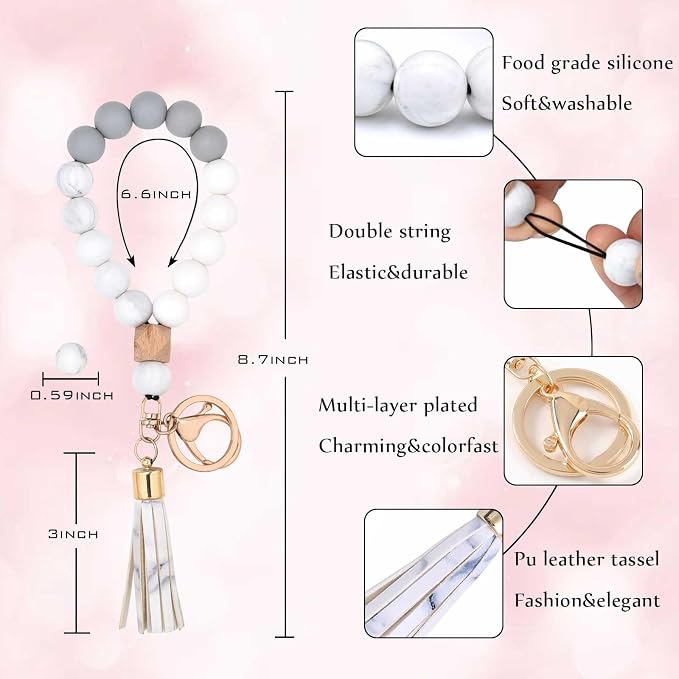 BAOSIWA Silicone Key Ring Bracelet Wristlet Keychain Unique Beaded Bangle Key Chains for Women with Leather Tassel
