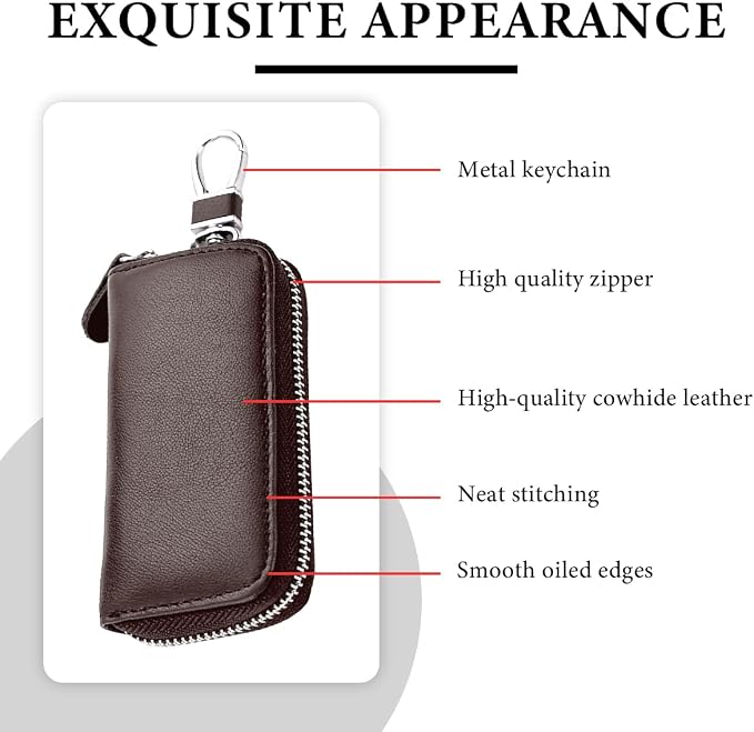 Leather Car Key Holder Bag, Unisex Key Fob Case with 6 Hooks, Zipper Closure Keychian Case Wallet for Smart Keys (Coffee)