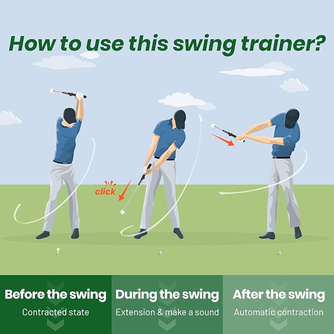 5-in-1 Retractable Golf Swing Trainer, Training Aid with Grip Trainer, Grip Correction for Beginners & Tempo Training for Advanced, Click Feedback, Right/Left-Handed