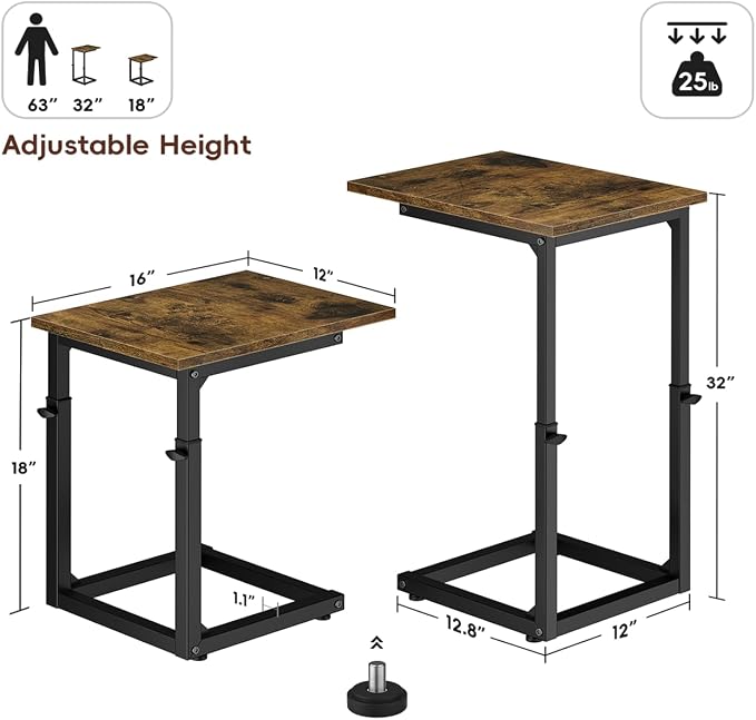 C-Shaped End Table for Couch, 33" Tall C Table Adjustable Height Side Table, Couch Side Tables with Metal Frame Slide Under Sofa, Sofa Table TV Tray for Living Room, Bedroom, Bedside, Brown