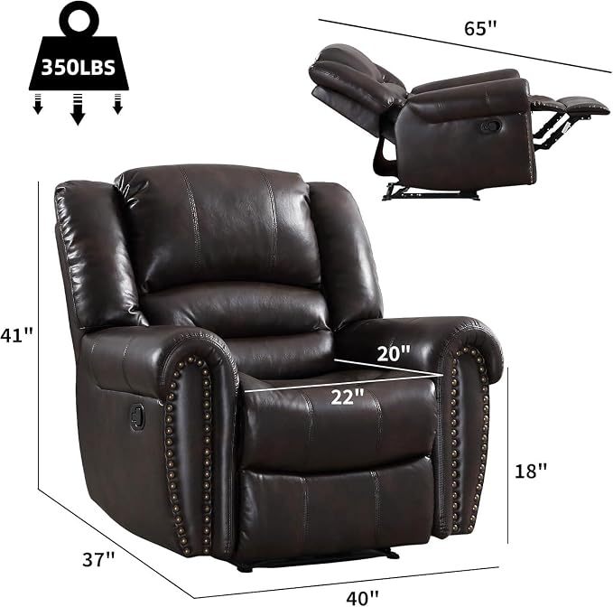 Leather Recliner Chair, Classic and Traditional Manual Recliner Chair with Comfortable Arms and Back Single Sofa for Living Room, Dark Brown