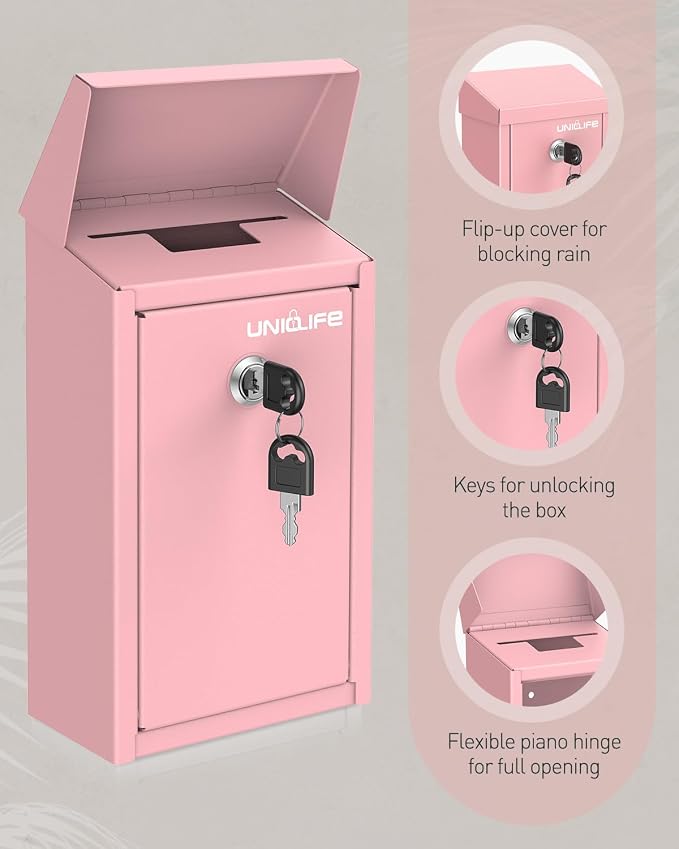 Uniclife Pink Metal Donation Box, Wall Mounted Mailbox for Outside | Safe Suggestion Box with Key Lock, Steel Key Drop Box for Outside, Cash Box for Home Office and Business