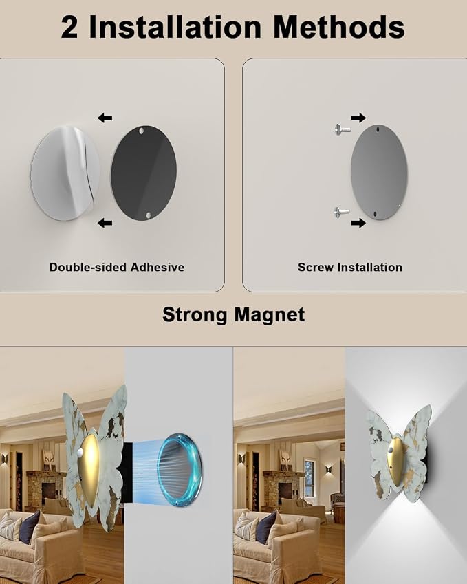 Eneru Motion Sensor Wall Sconce Set of 2, Rechargeable Wall Lights, Indoor | 5000mAh Battery Operated Wall Sconces, Magnetic Butterfly Motion Night Light for Hallway Stair Closet Pantry, White & Gold