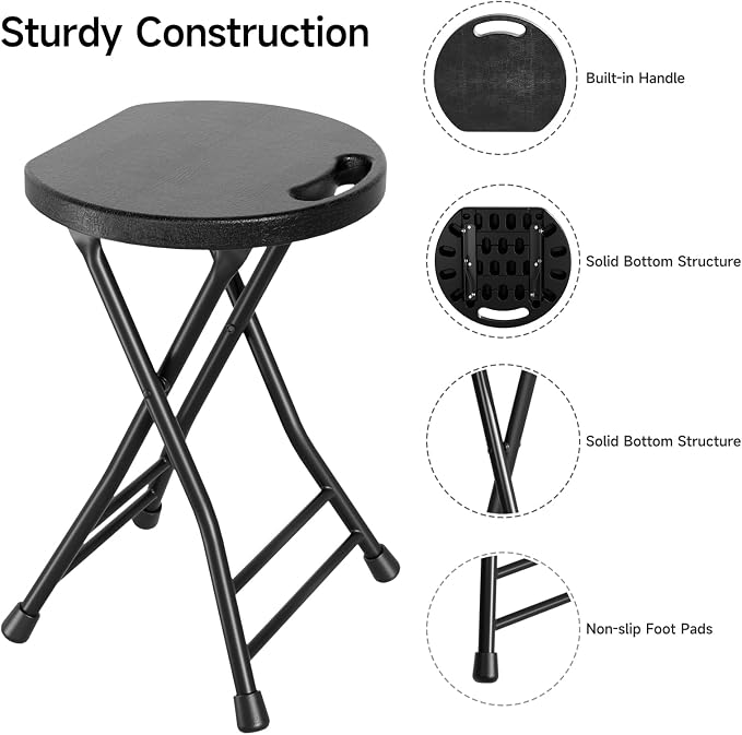LEDLAY18 Inch Folding Stool with Handle - 500LBS Capacity Portable Foldable Stool with Non-Slip Feet, Heavy-Duty Steel & Plastic Collapsible Stool for Indoor Outdoor Use, Black