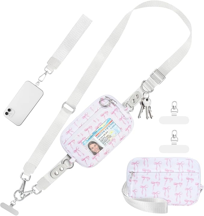 Tiostep Clip and Go Strap for Phone with Wallet Crossbody Phone Lanyard Adjustable and Detachable RFID Wristlet Wallet (Bow, Medium)