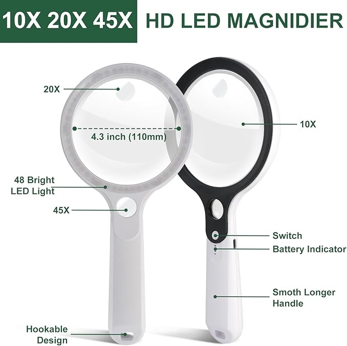 Magnifying Glass with 48 LED Light, 10X 20X 45X Handheld Illuminated Lighted Magnifier with 5 Light Modes Rechargeable Magnifying Glass for Seniors Reading Inspection (Black & White)