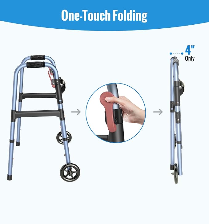 HOMLAND Standard Walkers for Seniors, 6.5lb Lightweight Foldable Walker | One-Hand Folding, 8 Height Adjustments, 350lb Capacity, Easy to Assemble, 2 Skis, 5" Wheels, Aluminum Frame, Ocean Blue