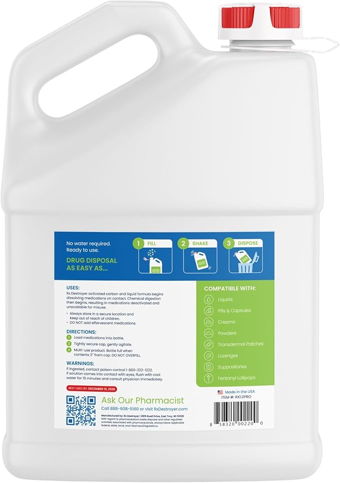 Rx Destroyer PRO Series All-Purpose Formula - Eco-Friendly Medication Buster Solution, Drug Disposal in a Bottle for Pills, Capsules, Tablets, Liquids - 1 Gal, 1 Count, 1 Pack
