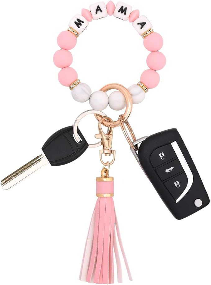 BAOSIWA Silicone Beaded Bracelet Keychain Wristlet Key Ring Bangle Chains for Women with Leather Tassel
