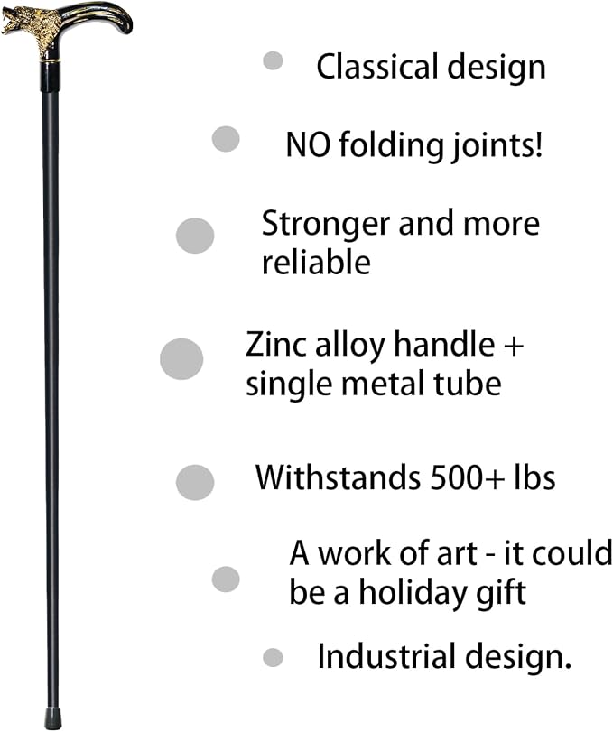 Walking Cane for Men & Women & Seniors - 36.5 Inch Heavy Duty 500+ lbs Capacity, Wolf Ergonomic Handle, Decorative & Ornate Design, Gothic & Goth Elegant Artistry, Metal Cane