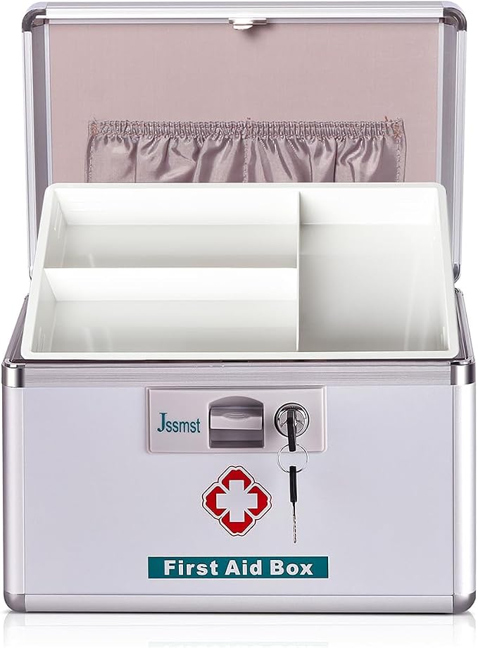 Jssmst Medication Lock Box with Key, Medicine Lock Box for Medication Storage, First Aid Box Locked Medicine Case, Key Safe Locking Box for Drugs Use, 12 x 7.4 x 8.1 inches, Silver