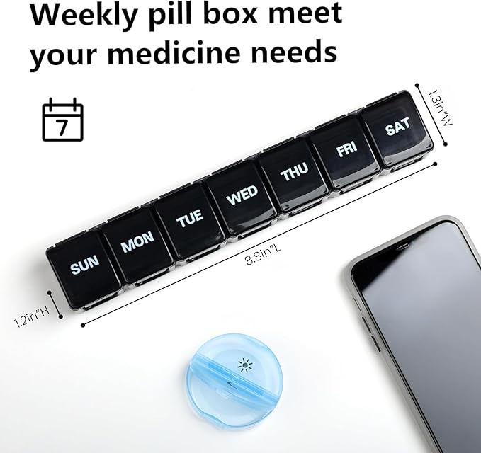 Sukuos Medium Large Weekly Pill Organizer – 7 Day Daily Pill Box, Easy-to-Open Medicine Container with Silkscreen & Clear Lid for Vitamins, Fish Oils or Supplements