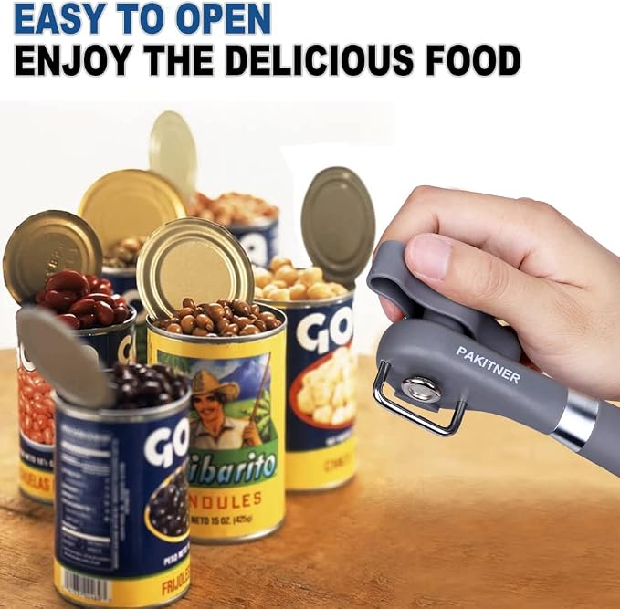 PAKITNER- Cut safe manual can opener, smooth edge - handheld Side cut with Sharp Blade, Comfortable Grip Handle Food Grade Stainless Steel Cutting Can Opener, Gray
