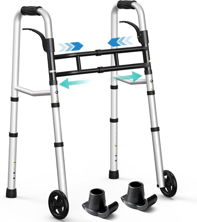 HOMENURSE Narrow Walkers for Seniors, Folding Walker with Skis and 5" Wheels for Small Spaces, Adjustable Width & Height, Aluminum Lightweight Standard Rolling Walker, Support Up to 350lbs, Silver