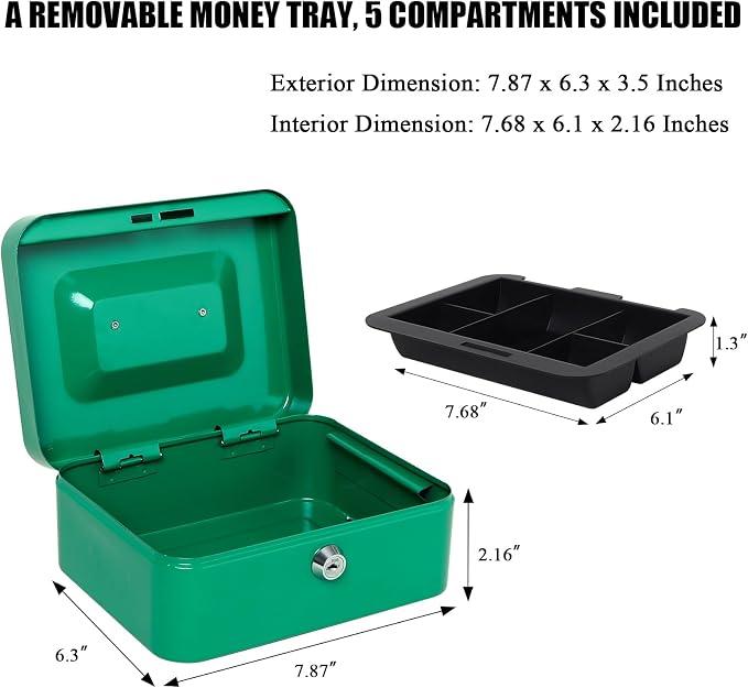 Jssmst Medium Cash Box with Key Lock - Durable Metal Cash Box with Money Tray, Green, Medium