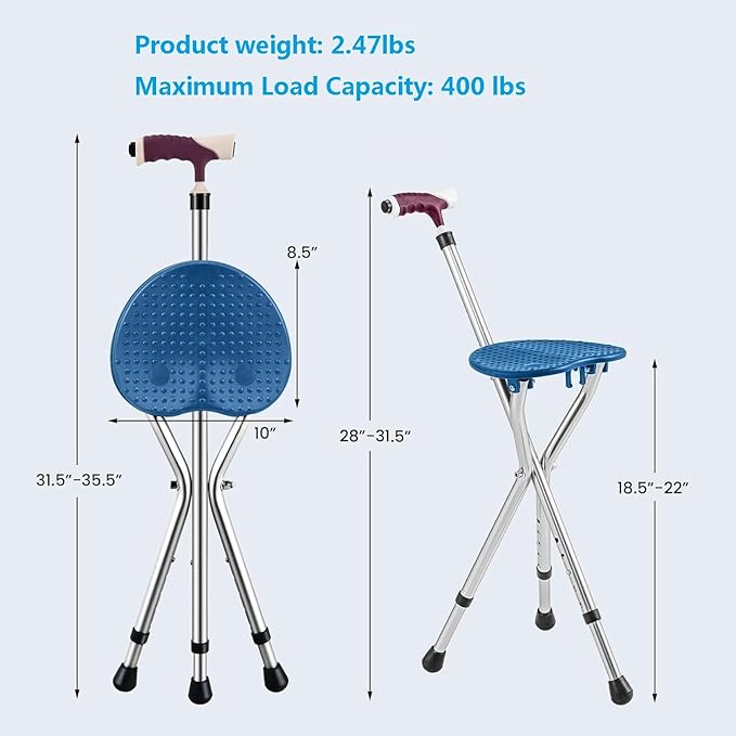 Folding Cane Seat Combo 400 lbs Capacity Portable Cane Stool Handy Folding Crutch Chair Seat 3 Legs Height Adjustable Heavy Duty Thick Aluminum Walking Stick Tall Unisex for Elderly Travelon Blue