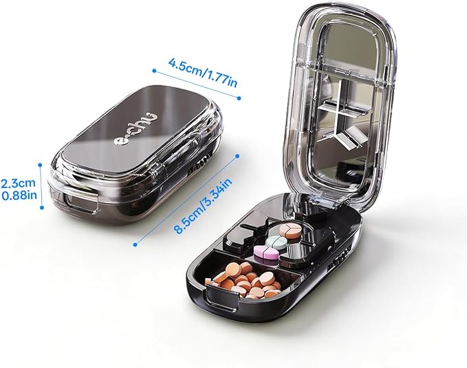 Pill Cutter Splitter for Small and Tiny Large Pills,Adjustable Pill Splitter Push-Button Cuts into 1/2, 1/3, 1/4，Comes with a Small Brush and a Medicine Storage Box (Black, 1/2, 1/3, 1/4 Slices)