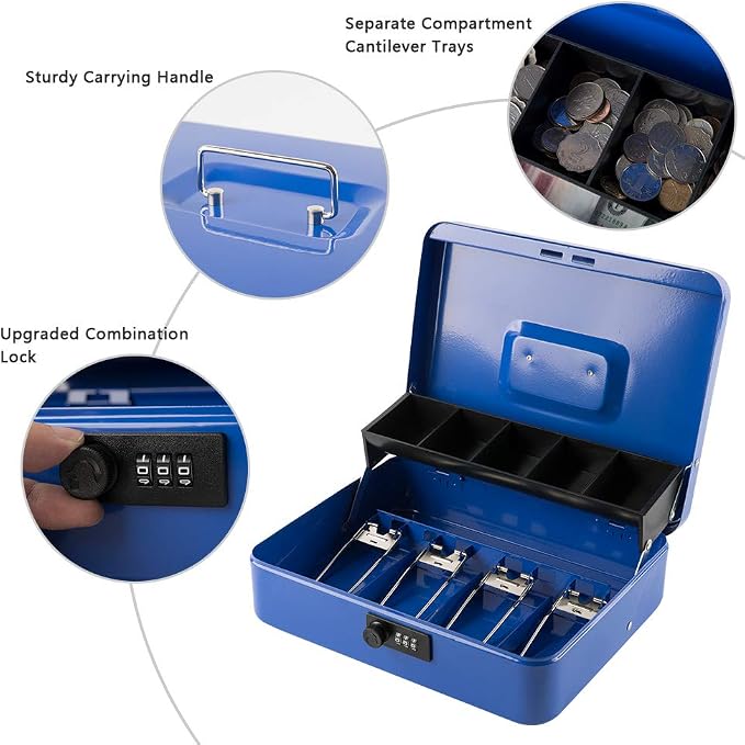 KYODOLED Metal Cash Box with Combination Lock & Spring-Loaded Bill Clips, 5-Compartment Cantilever Coin Tray, Portable Safe for Yard Sales/Craft Fairs/Small Businesses, 11.81”x9.45”x3.54”, Blue