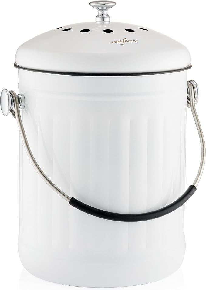 Premium Compost Bin for Kitchen Countertop - Stainless Steel Food Waste Bucket with Innovative Dual Filter Technology - Includes Spare Filters (White, 1.3 Gallon)