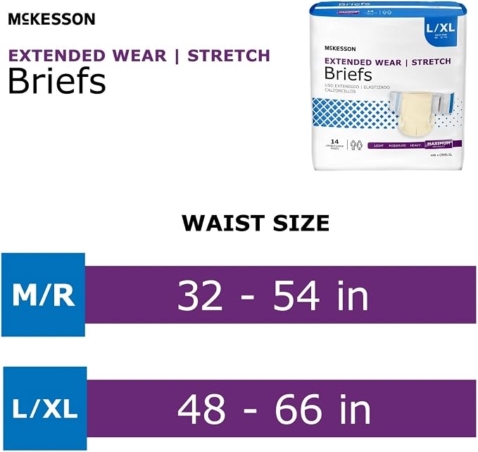 McKesson Extended Wear Stretch Briefs, L/XL 48, Large, 66 in, 56 ct | Overnight Adult Diapers with Tabs, Unisex Disposable Incontinence Briefs for Men and Women