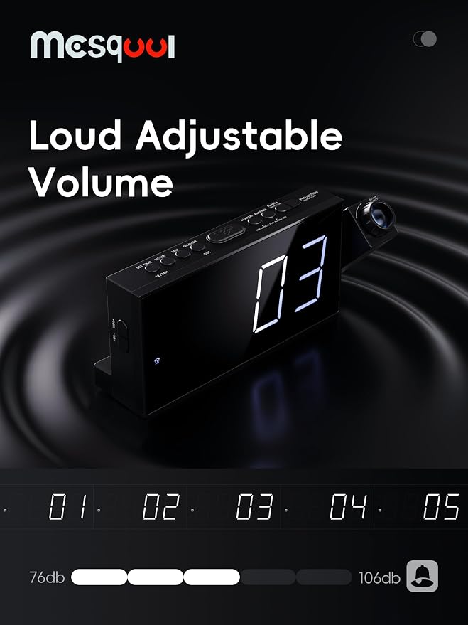 Mesqool Digital Projection Alarm Clock with Dual Alarms, 5 Levels Dimmer | Plug-in Clock with 180° Projection on Ceiling Wall,Battery Backup,12/24H & DST, USB Charging Port,Snooze for Heavy Sleepers