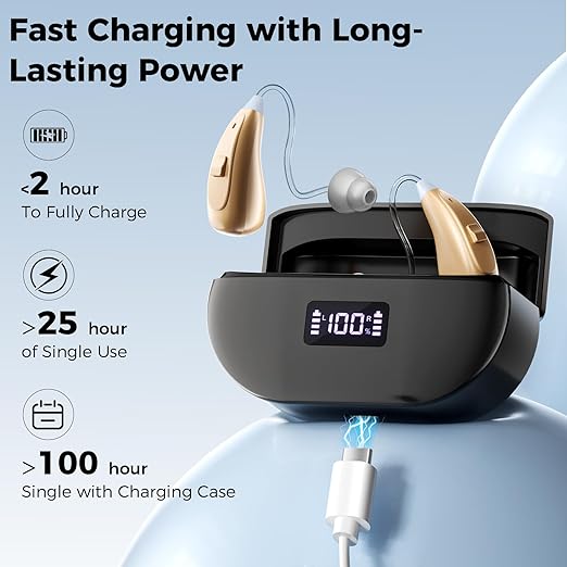 OTC Hearing Aids for Seniors & Adults - Rechargeable, 25+ Hour Battery Life, Advanced Noise Cancellation, 5-Level Volume & Memory, Clear Sound, Comfort-Fit, LED Display (Black)