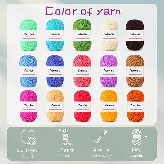 Yarniss Crochet Kits with Yarn,1120 Yards Soft Crochet Skeins, 12 Size Ergonomic Crochet Hooks with Portable Crochet Bag,Black