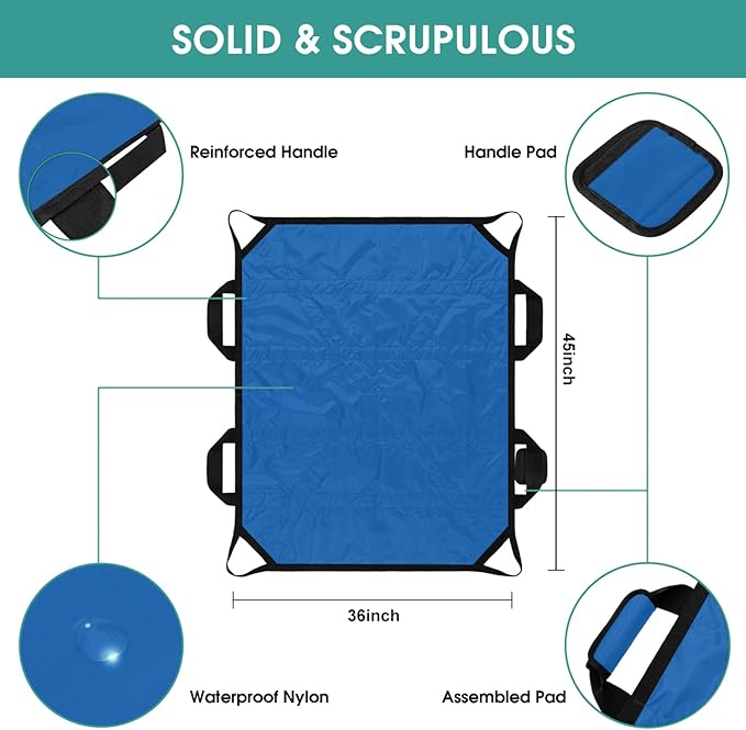 45" x 36" Positioning Bed Pad with Handles Washable Draw Sheets for Hospital Bed Ridden Patient Clothes Waterproof Glide Sheets for Patients Moving Pad for Lifting &Transfer Sheet, Light Blue