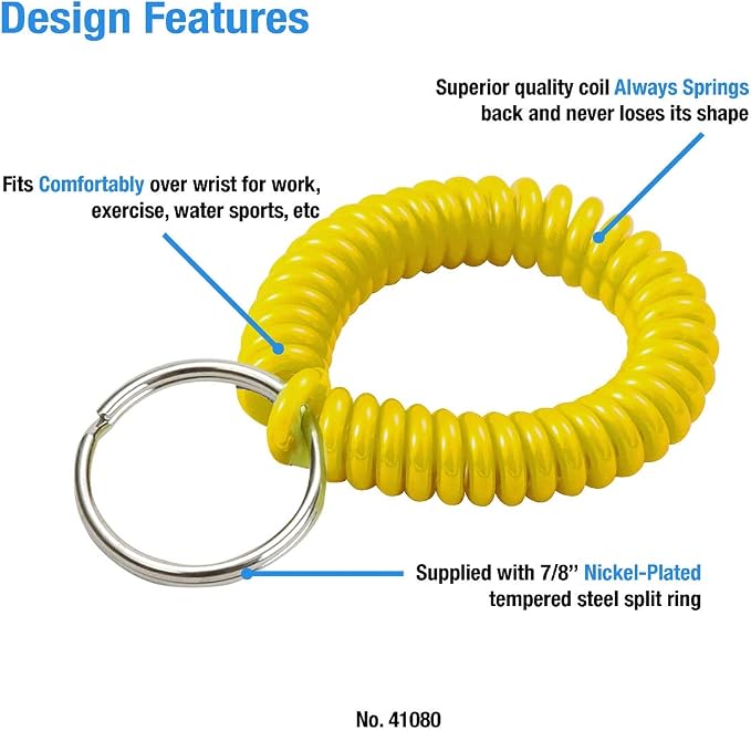Lucky Line 2” Spiral Wrist Coil with Steel Key Ring, Flexible Wrist Band Key Chain Bracelet, Stretches To 12” Yellow, 10 Pack (41080)
