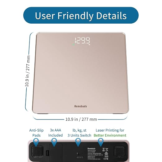 Homebuds Bathroom Scale for Body Weight, Precision 0.1lb by Our Professional Factory Since 2001, Weight Scale Step-On and White LED for Easy to View, 3*AAA Included, 400lb/182kg, Rose Gold