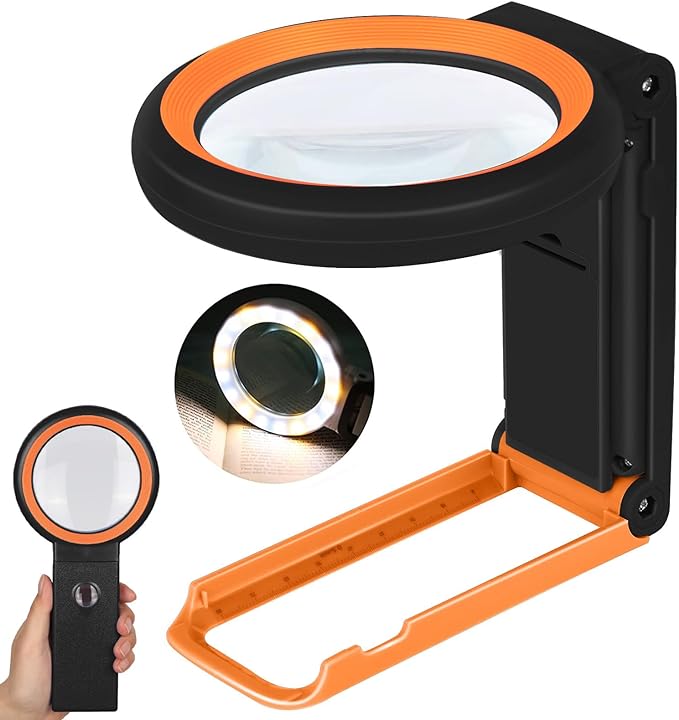 Magnifying Glass with Light and Stand, Foldable Handheld Magnifying Lenses 18 LED Illuminated Lighted Magnifier for Seniors Reading, Close Work, Coins, Jewelry Black