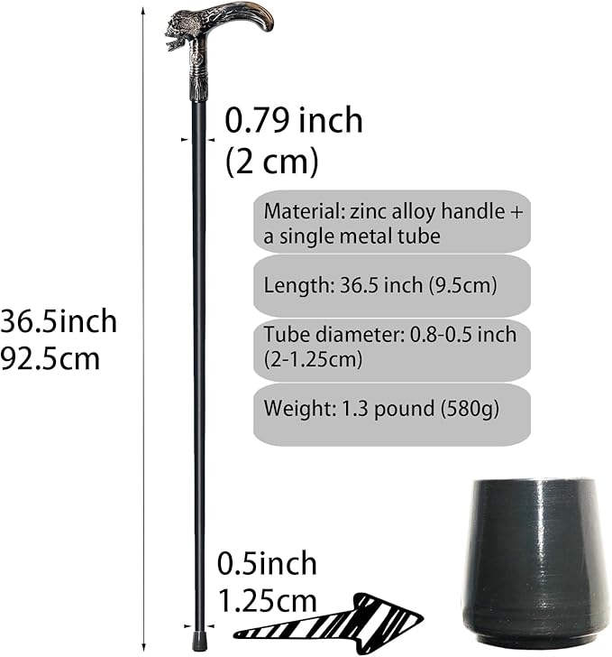 Walking Cane for Men & Women & Seniors - 36.5 Inch Heavy Duty 500+ lbs Capacity, Skull Ergonomic Handle, Decorative & Ornate Design, Gothic & Goth Elegant Black & Silver Artistry, Metal Cane